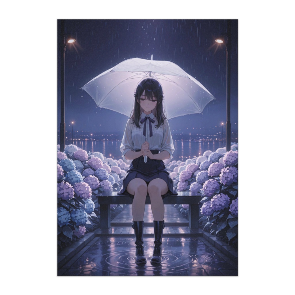夜のアジサイと白い傘