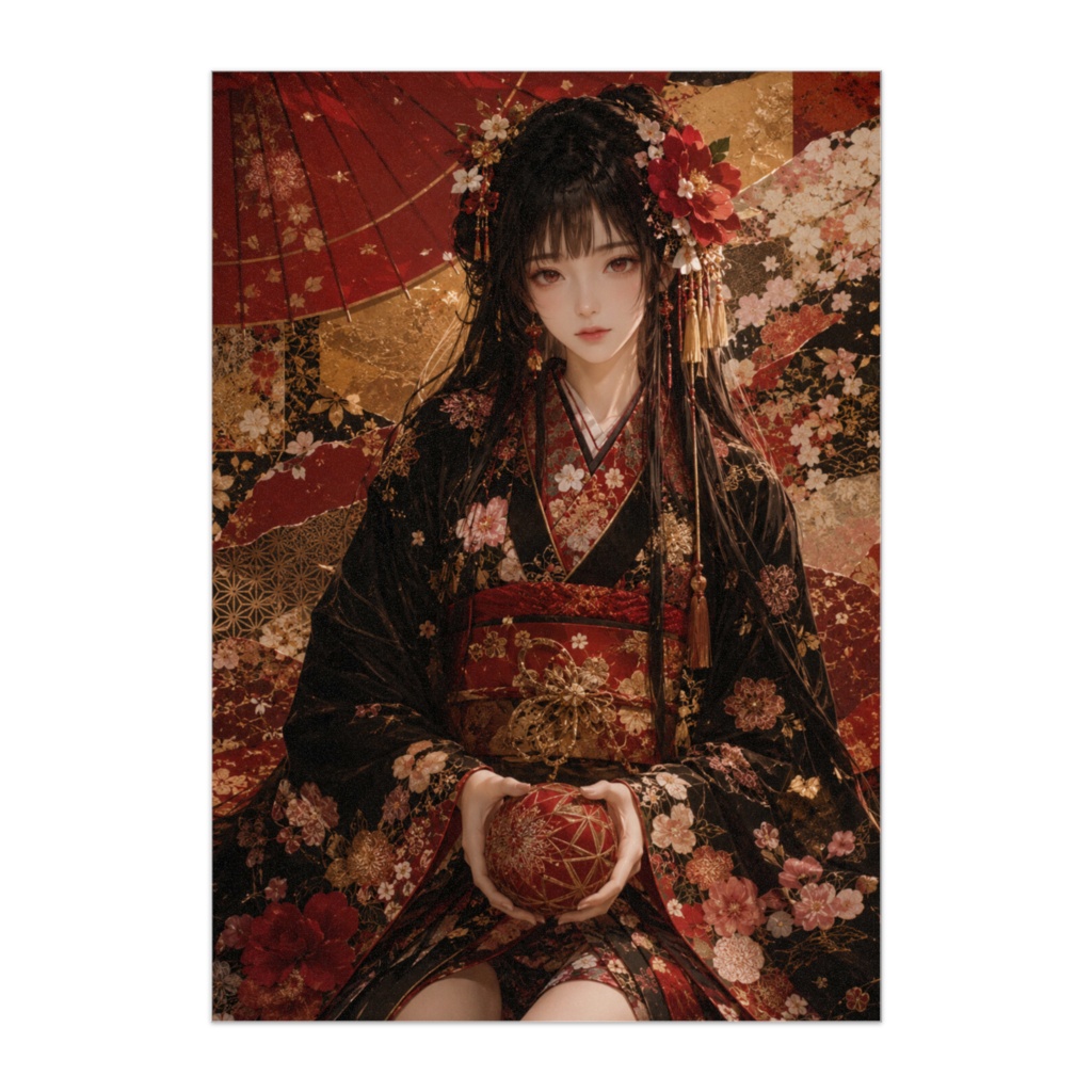 紅椿 ― 千代紙に咲く黒金の日本人形美少女ポスター