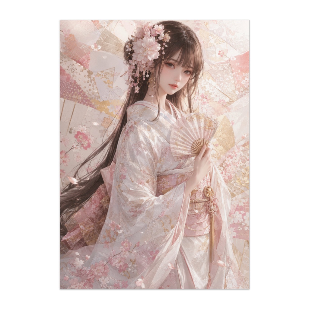 白桜 ― 春光に包まれた千代紙の和風美少女ポスター