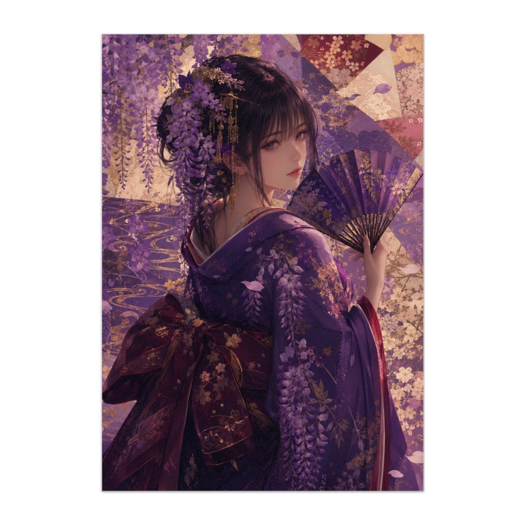 藤紫 ― 幻想の藤花と千代紙に包まれた和風美少女ポスター