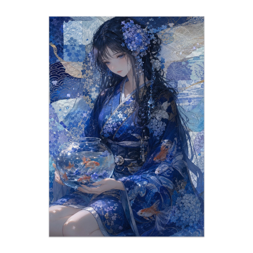 蒼金魚 ― 水彩千代紙と金魚が揺れる幻想和風ポスター