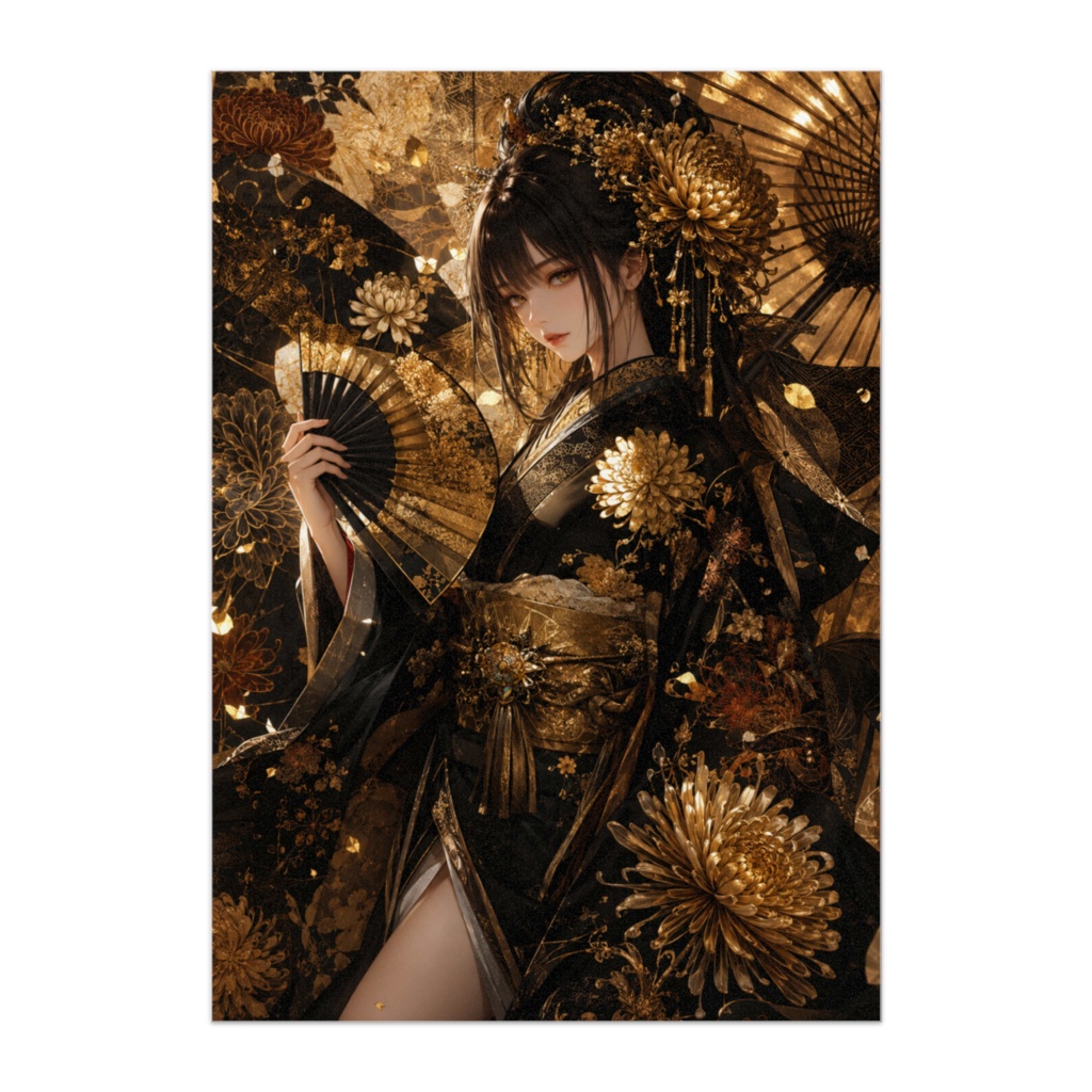 黄金菊 ― 黒金千代紙に咲く豪華和風美少女ポスター