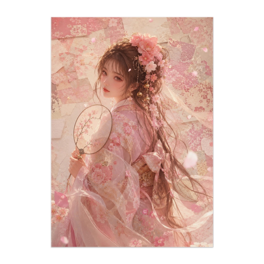 桃霞 ― 桜色千代紙に包まれた幻想和風美少女ポスター