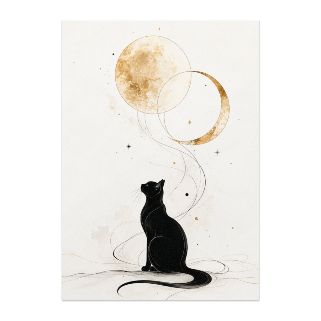 二つの月を見つめる黒猫