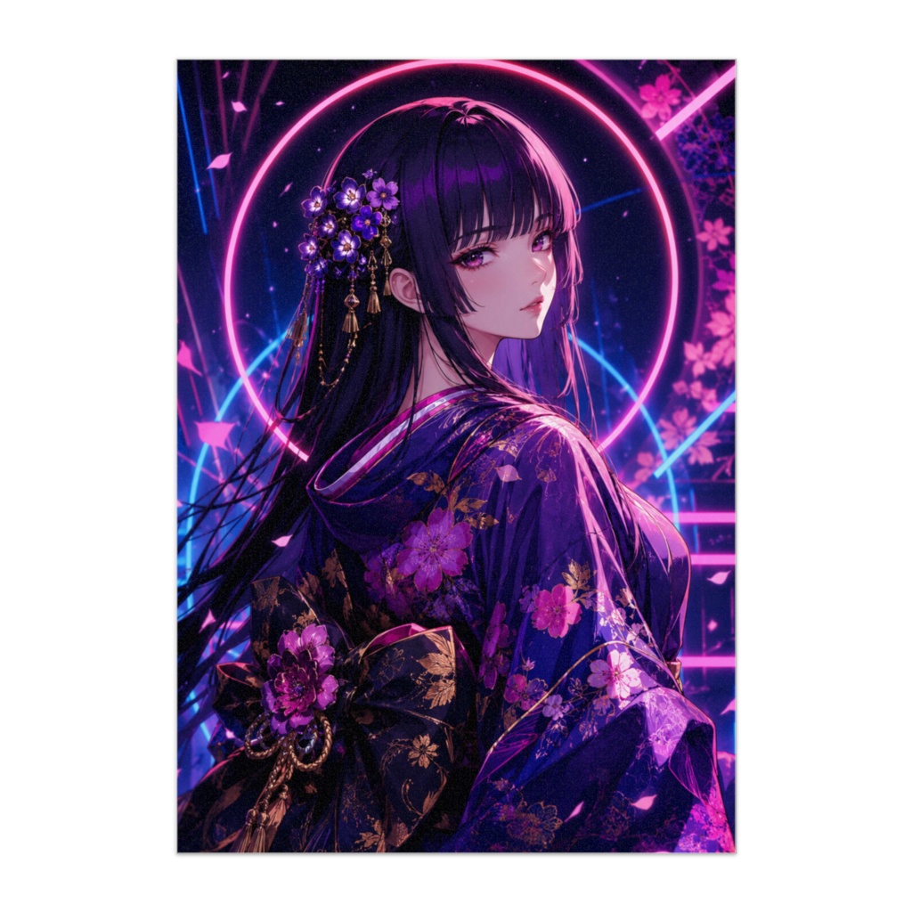 ネオン紫着物ガール｜幻想サイバーポップ和風ポスター