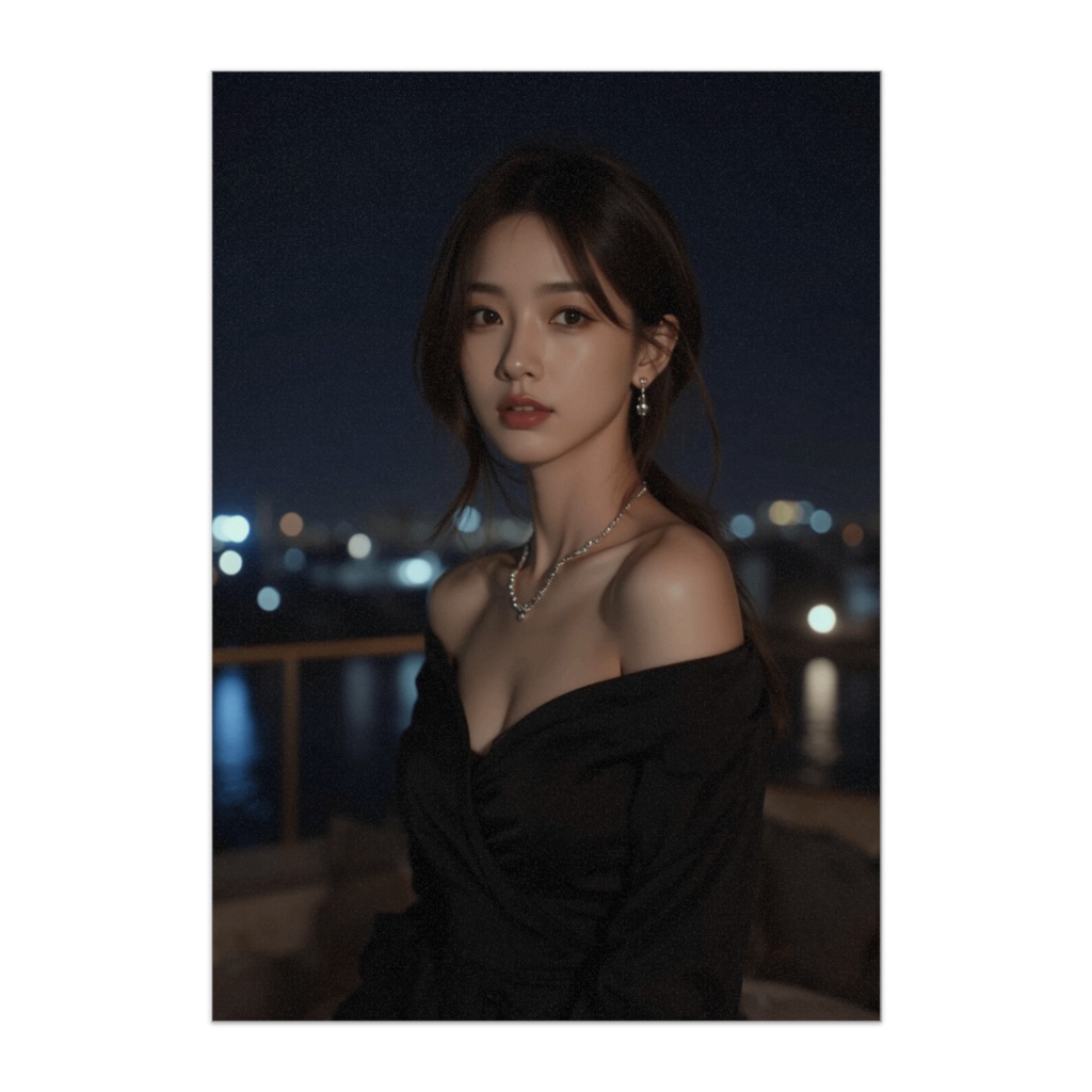 夜景に溶ける黒ドレスの視線