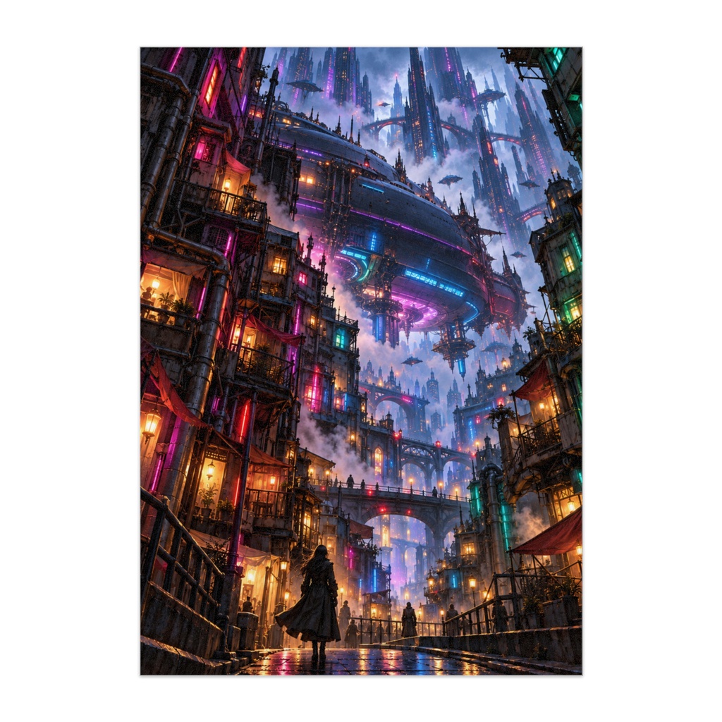 飛行船が覆うネオン都市｜サイバーパンク・アートポスター