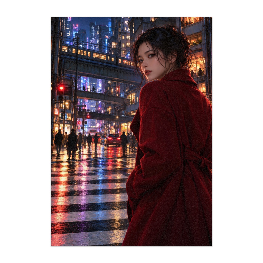 MIDNIGHT CROSSING｜深紅のコートと夜の交差点