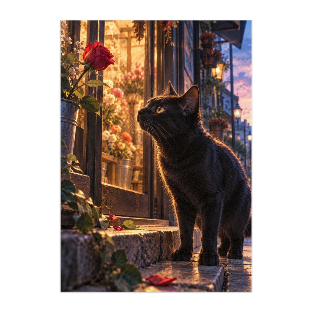 花屋の灯が消えるころ｜黒猫と赤いバラ