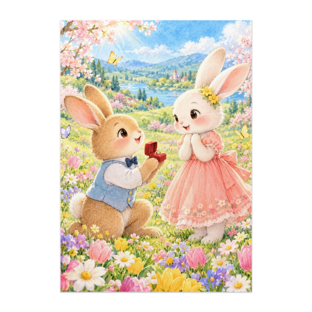 花畑の小さな約束｜ウサギのプロポーズ・絵本風アートポスター