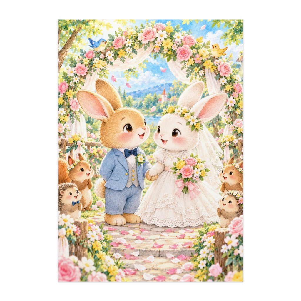 森の花咲くウェディング｜ウサギの結婚式・絵本風アートポスター