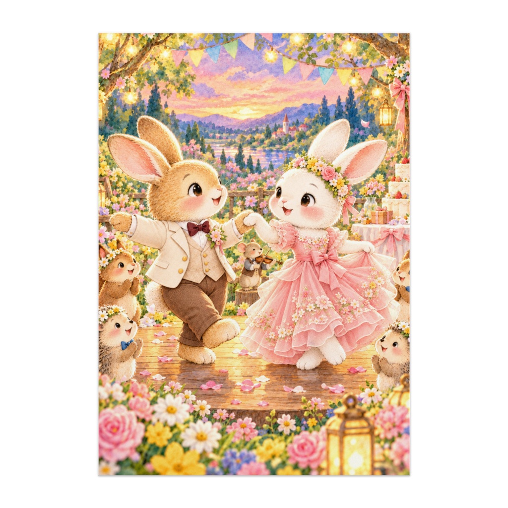 森のしあわせダンス｜ウサギの結婚披露パーティー・絵本風アートポスター