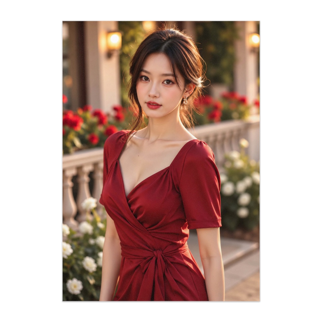 紅の花園、夕暮れの微笑み — RUBY BLOOM｜赤いドレスの美女