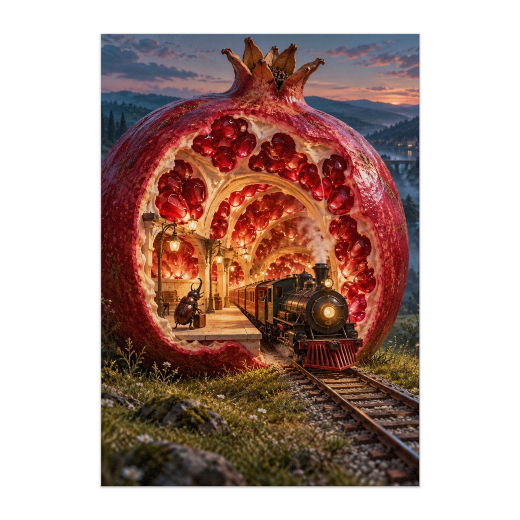 ザクロの中の鉄道駅｜THE POMEGRANATE EXPRESS｜幻想シュールアートポスター
