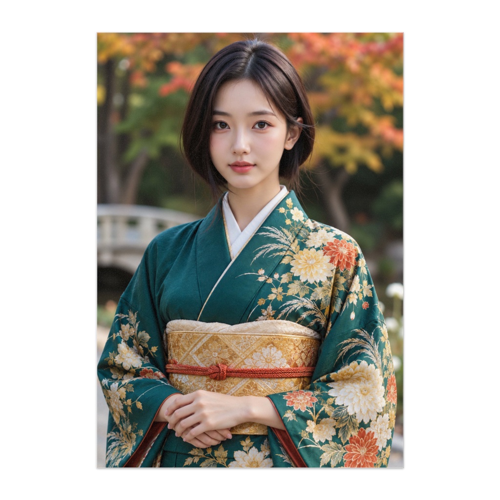 翡翠の秋晴れ｜JADE AUTUMN ― 菊花の着物と黄金の帯