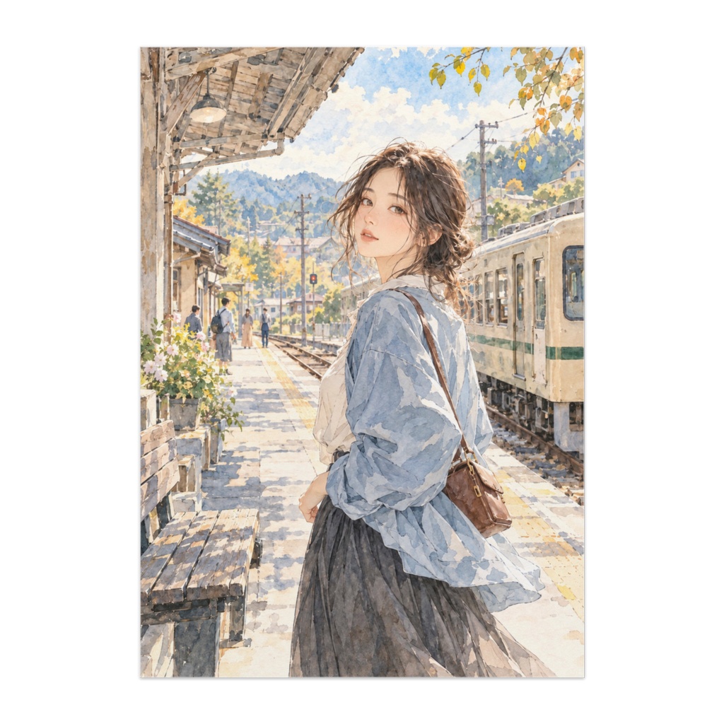 午後のローカル線｜透明水彩で描く初秋の駅と旅人