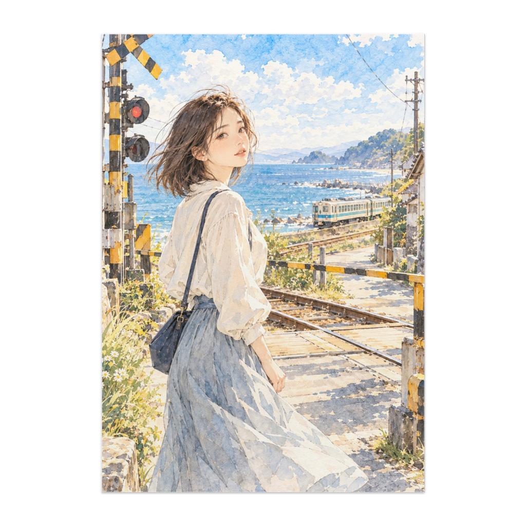 海の見える踏切｜透明水彩で描く海辺のローカル線