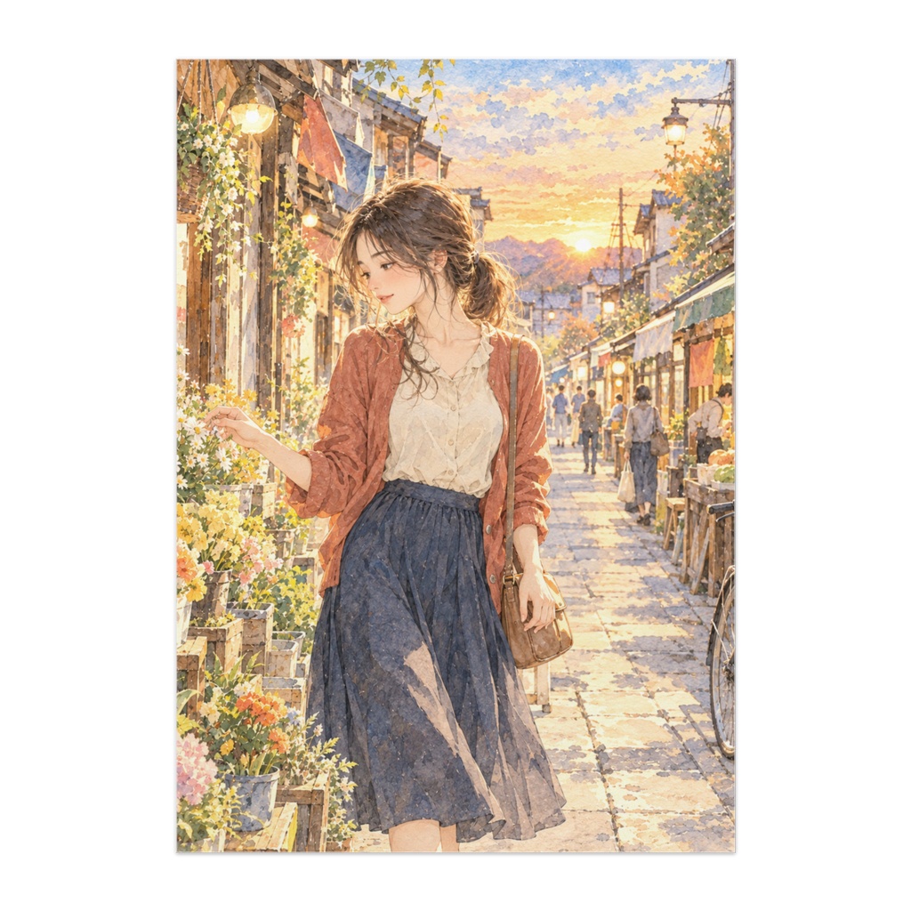夕暮れの商店街｜透明水彩で描く花屋と帰り道