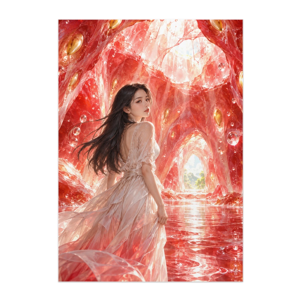 STRAWBERRY ROUGE|苺の果実世界に迷い込んだ女性|幻想セミリアルアートポスター