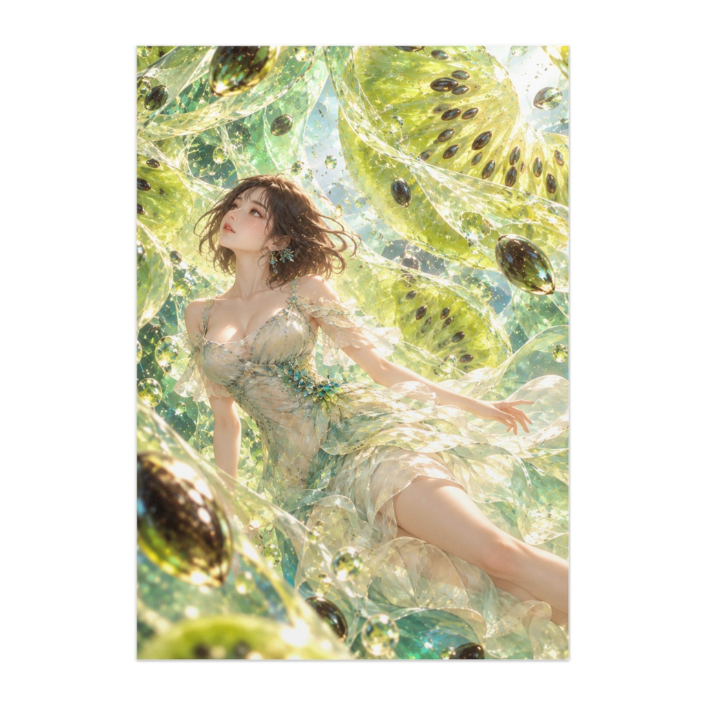 KIWI JADE｜翡翠色の果実世界を舞う女性｜幻想セミリアルアートポスター