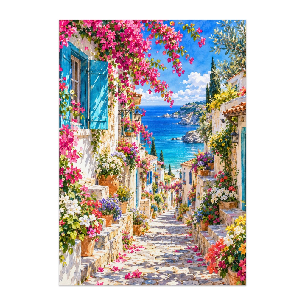 AZURE FLOWER LANE｜碧い海へ続く花の路地｜地中海・ブーゲンビリア・海辺の街・透明水彩アート