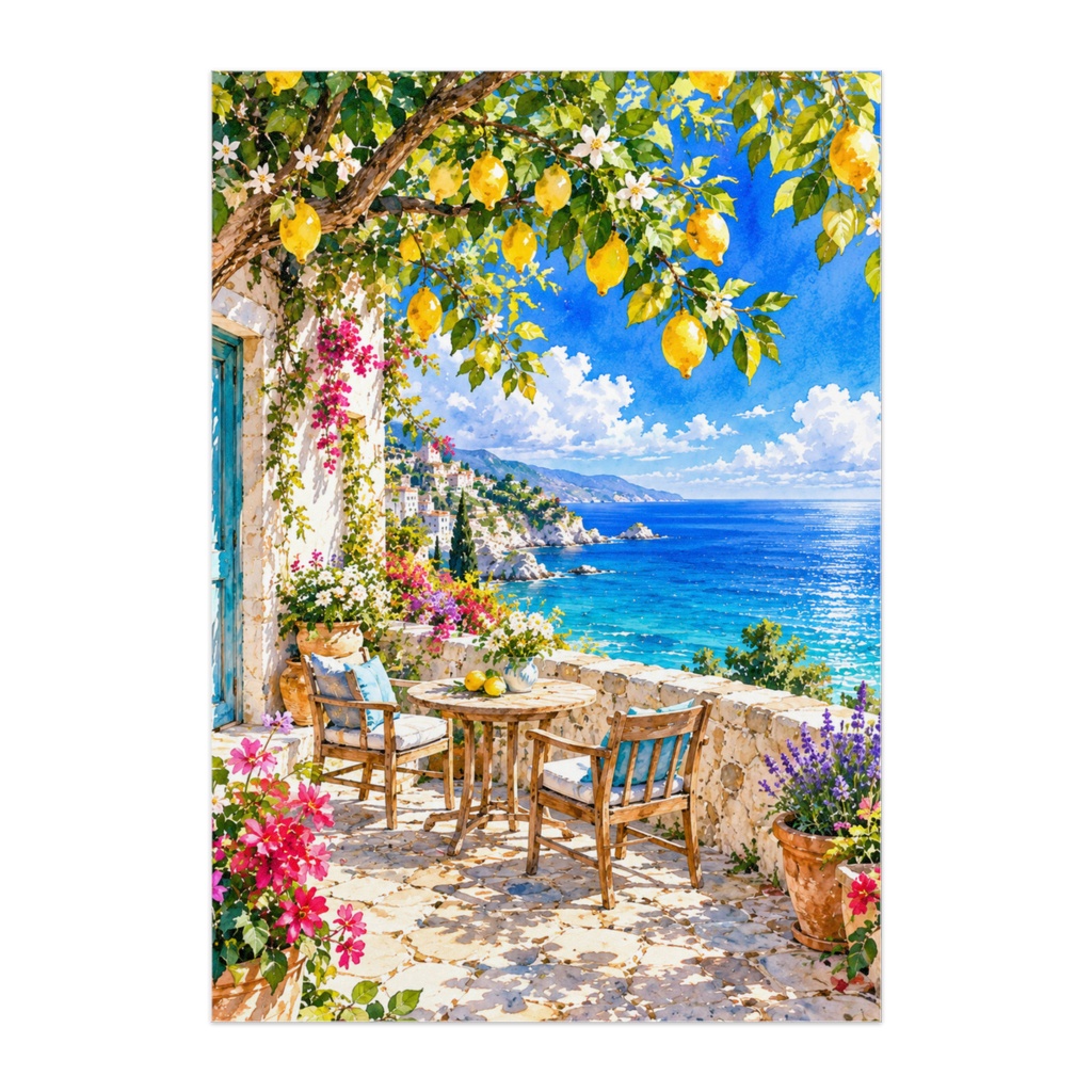 LEMON TERRACE|レモンの木陰の海辺テラス|地中海・青い海・透明水彩アート