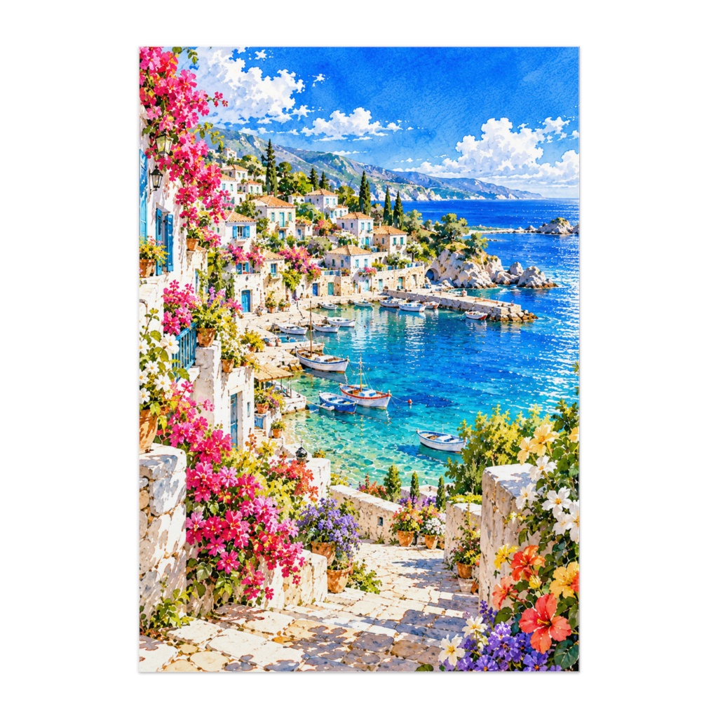HARBOR OF COLORS｜花咲く小さな港町｜地中海・入り江・小舟・透明水彩アート
