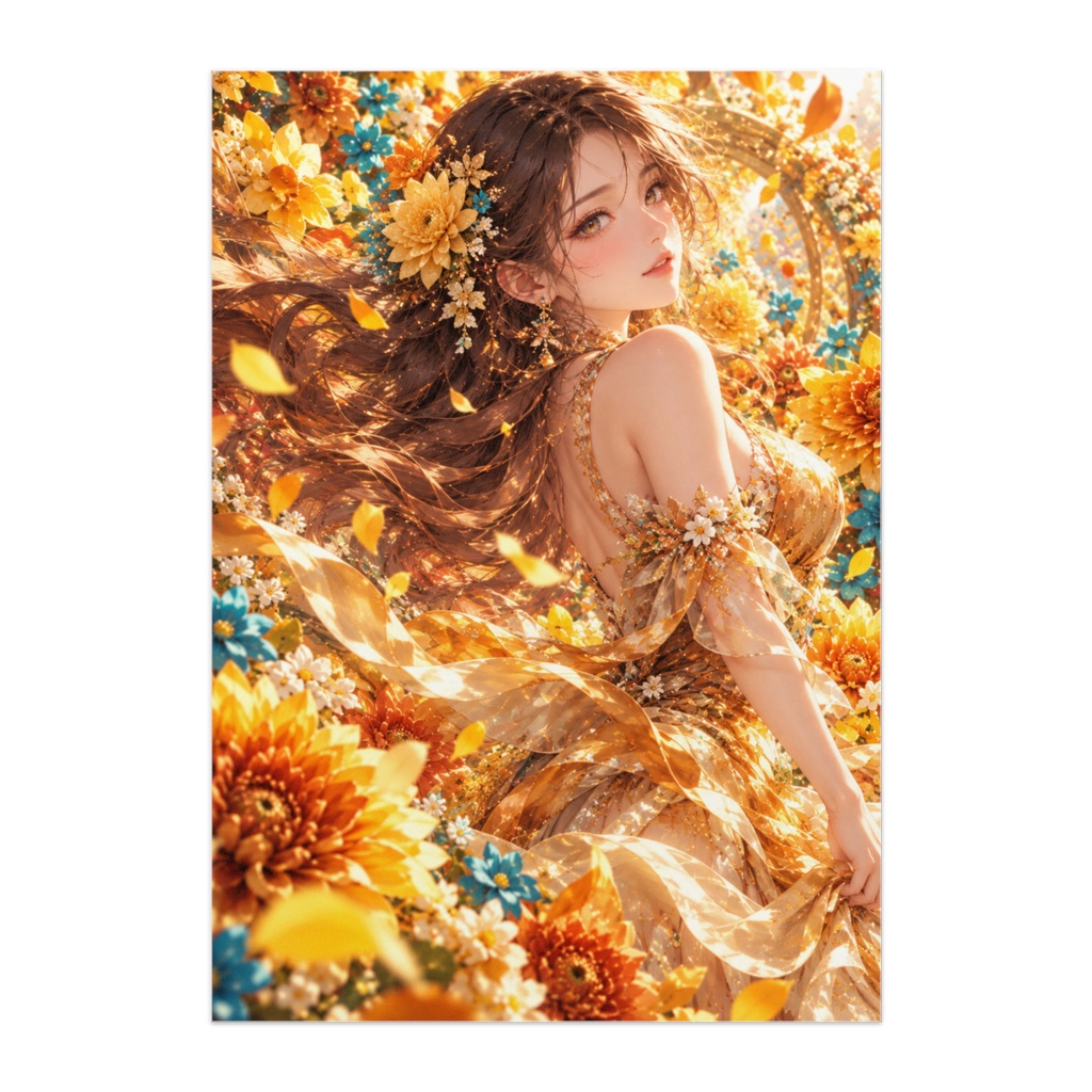 GOLDEN DAHLIA｜黄金花の午後｜花彩に溶ける彼女｜黄金色の幻想美女アート