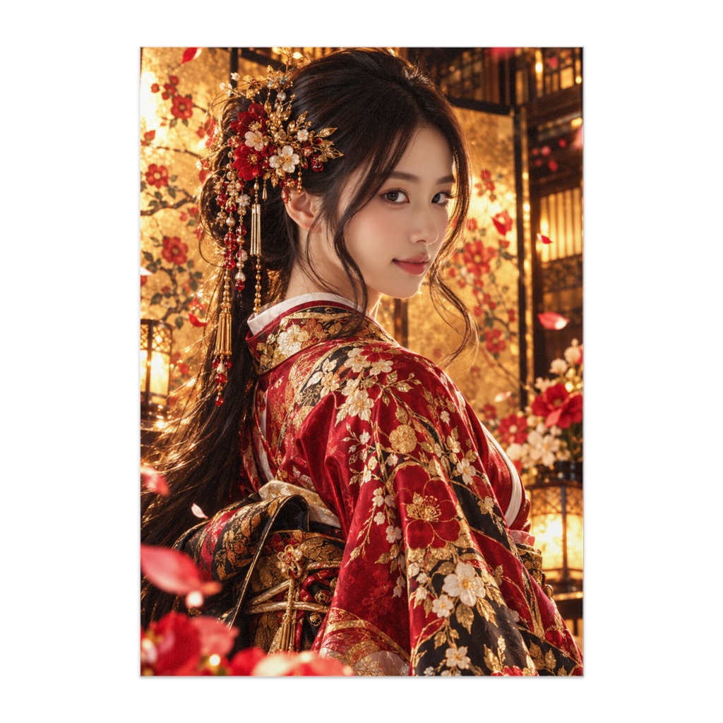 黄金に舞う紅衣｜GOLDEN CRIMSON｜幻想和装アートポスター