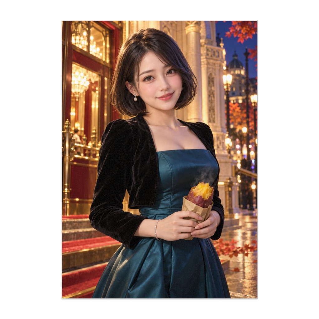 焼芋を手に、夜のドレスアップ｜華やかな夜の小さなご褒美