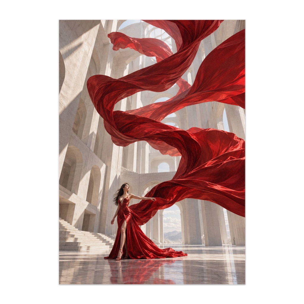 SCARLET GRAVITY — 紅の重力|深紅のシルクと白亜の幻想建築 アートポスター