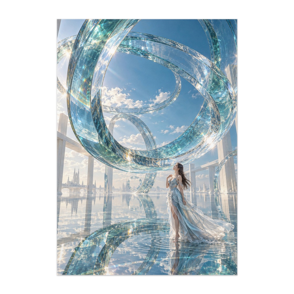 ECHOES OF GLASS — 硝子の残響|透明な巨大彫刻と水鏡の幻想 アートポスター