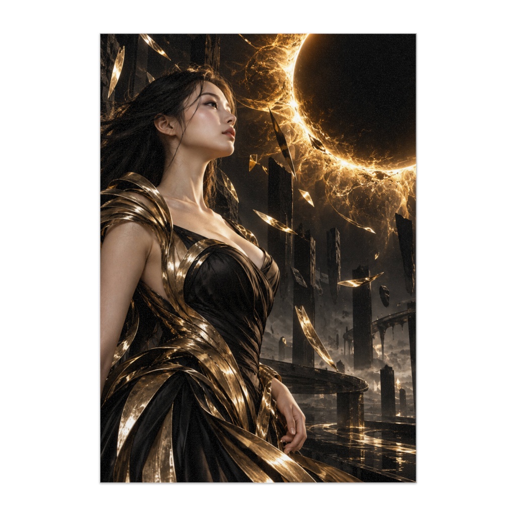 THE GOLDEN ECLIPSE — 黄金の蝕｜漆黒の女神と黄金の日食 幻想アートポスター