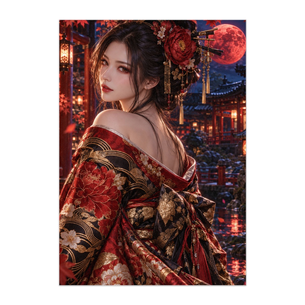 紅月の幻影 — Crimson Moon｜幻想和装美人・紅い月夜のファンタジーアート