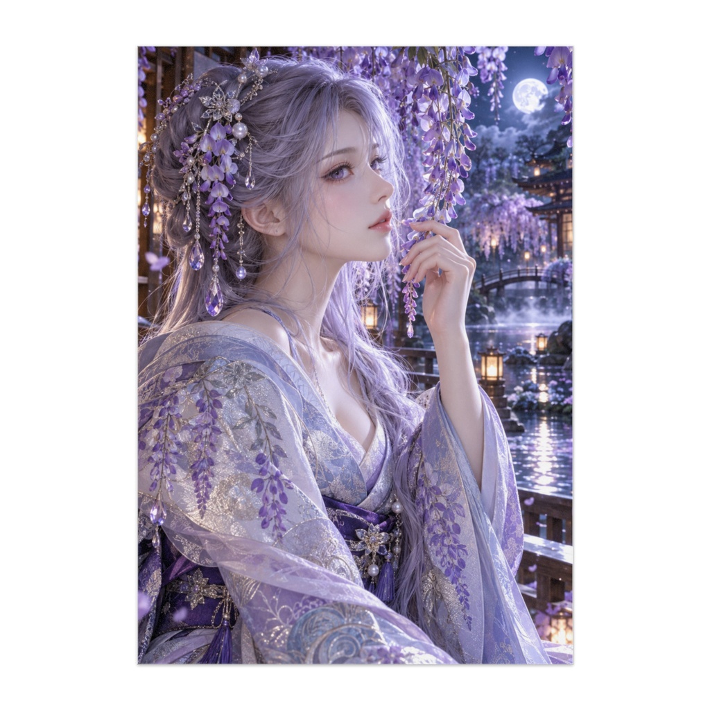 紫苑の月雫 — Violet Moonlight｜幻想和装美人・月夜の藤の花アート