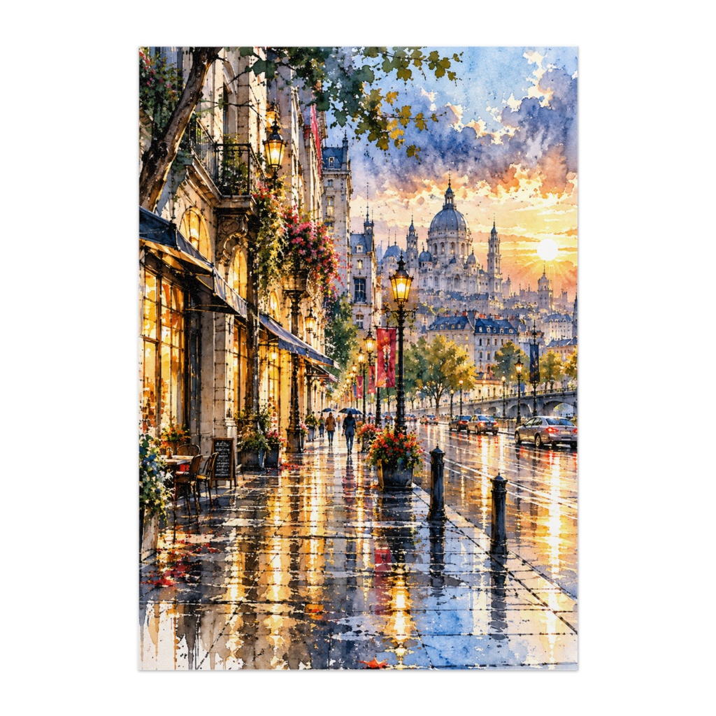 雨上がりの街角 — AFTER THE RAIN｜透明水彩・ヨーロッパ都市風景アート