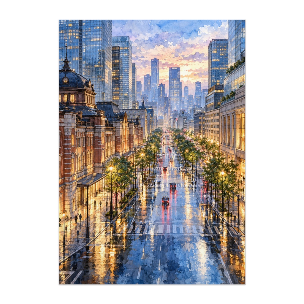 雨光の東京 — TOKYO AFTERGLOW｜透明水彩・東京都市風景アート