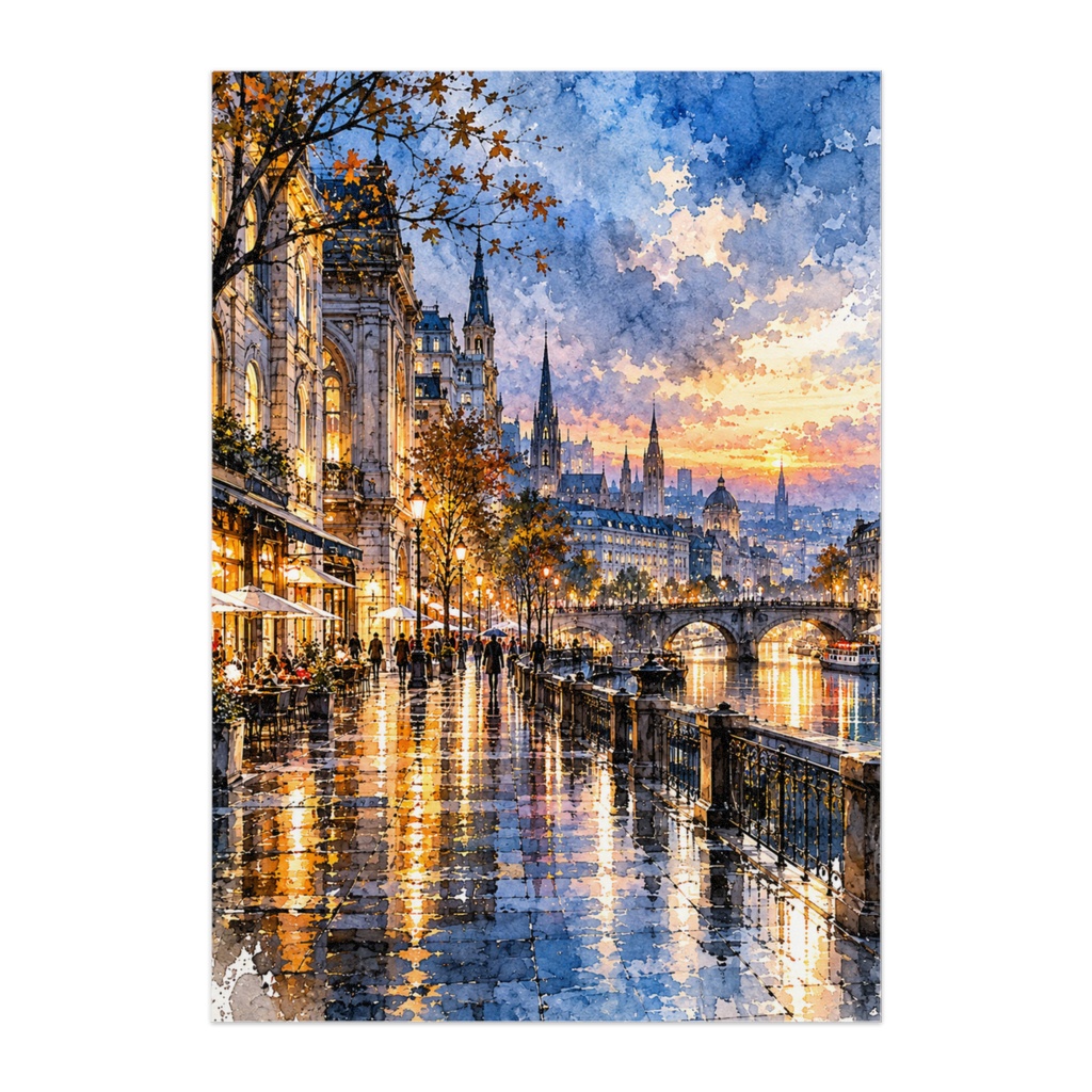 黄金の水辺 — GOLDEN RIVERSIDE｜透明水彩・夕暮れの都市風景アート
