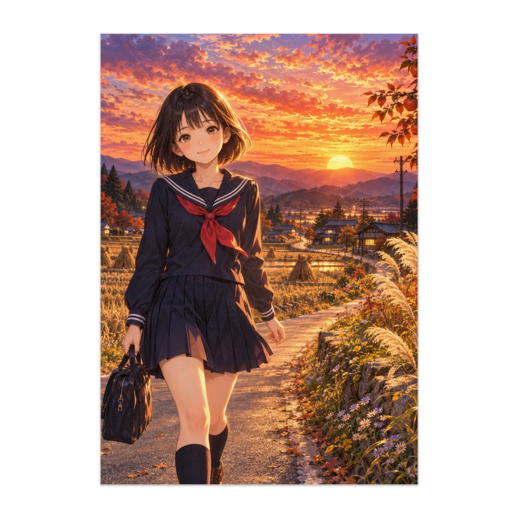 茜色の帰り道 — HARVEST SUNSET｜夕焼けの田園・日本の秋・シネマティックアニメアート