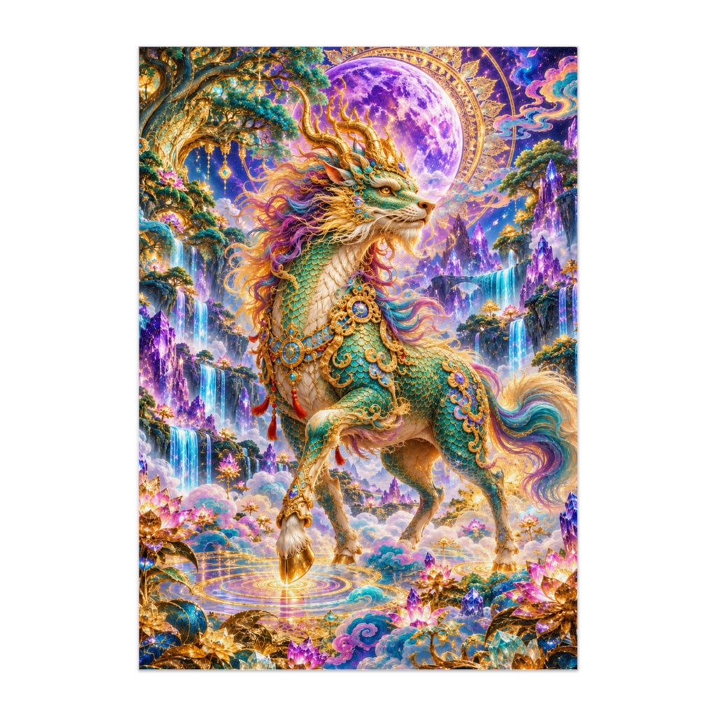 天翔る麒麟 — CELESTIAL QILIN｜紫月と翡翠の神獣・中華風サイケデリック幻想アート