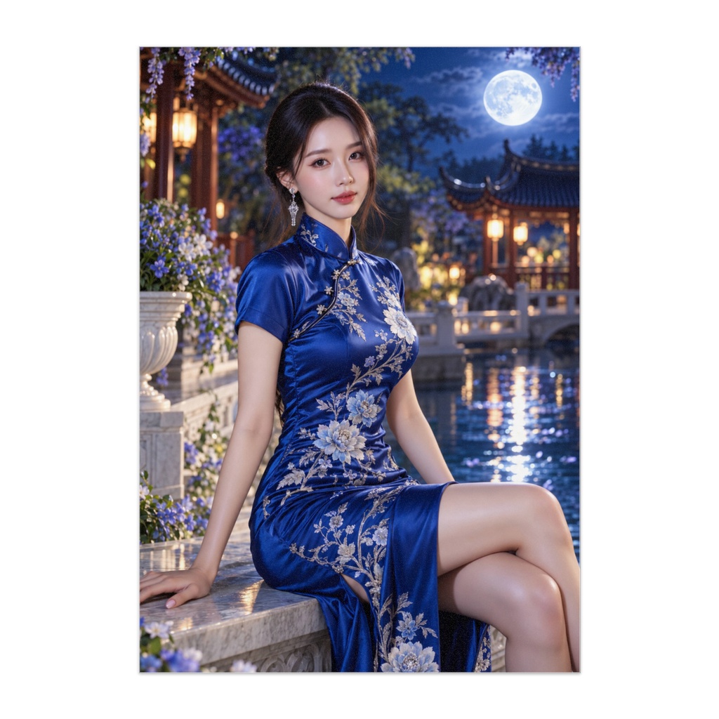 蒼月の麗人 — SAPPHIRE SERENITY｜月夜の中国庭園と青いチャイナドレスの幻想美人画
