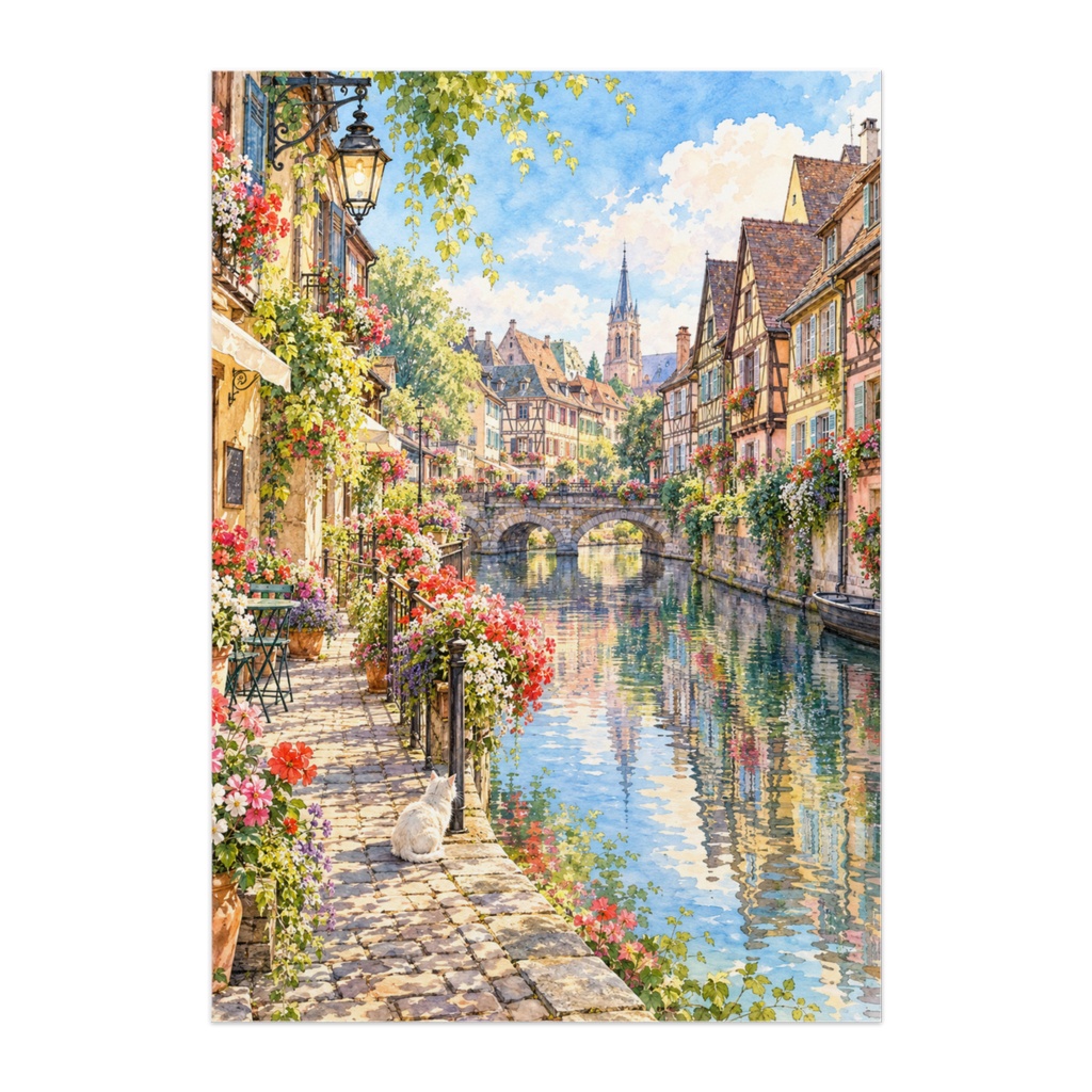 FLOWERS OF COLMAR — 花咲くコルマール｜白猫と旅する欧州・透明水彩アートポスター