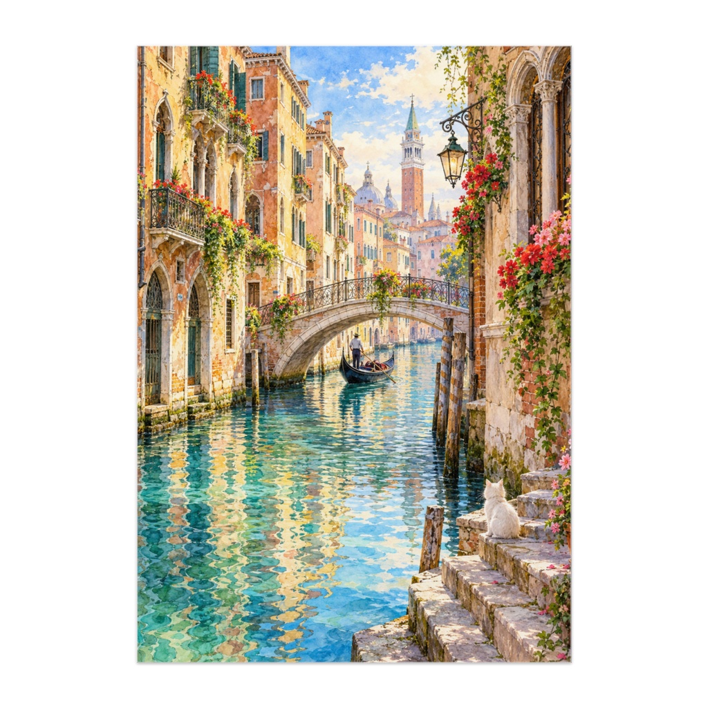 WHISPERS OF VENICE — 水都ヴェネツィアの囁き｜白猫とゴンドラ・透明水彩アートポスター