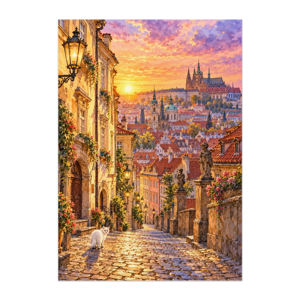 GOLDEN HOUR IN PRAGUE — プラハ、黄金色の夕暮れ｜白猫と古都の透明水彩アートポスター