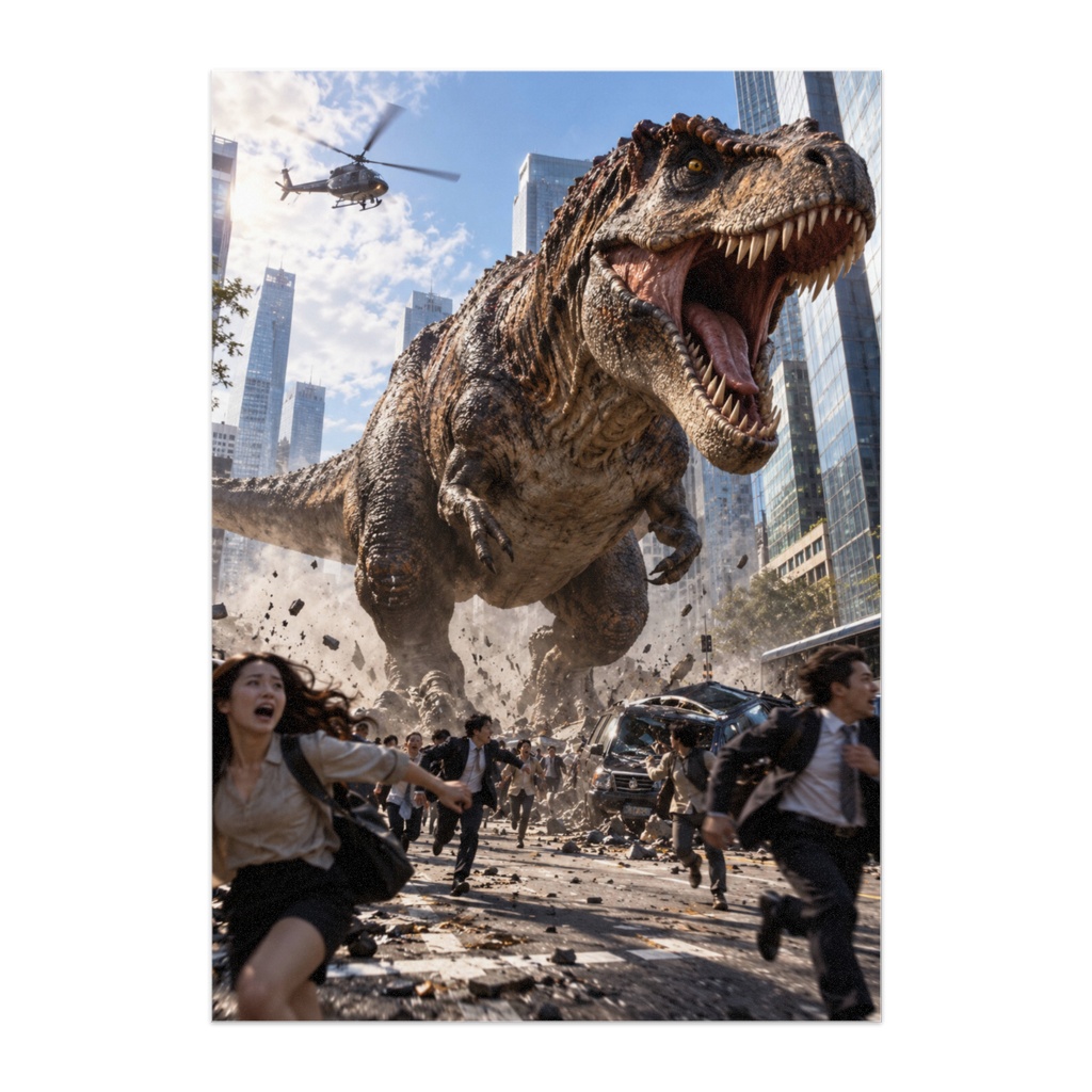 T-REX INVASION — 恐竜、都市を襲う|シネマティック恐竜パニックアート