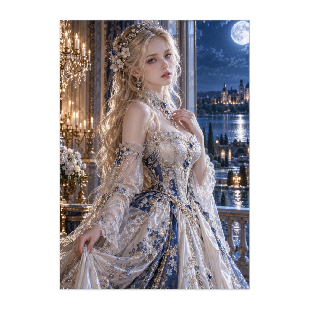 MOONLIT PEARL — 月光の真珠姫｜白銀の宮廷美女・幻想ドールアートポスター