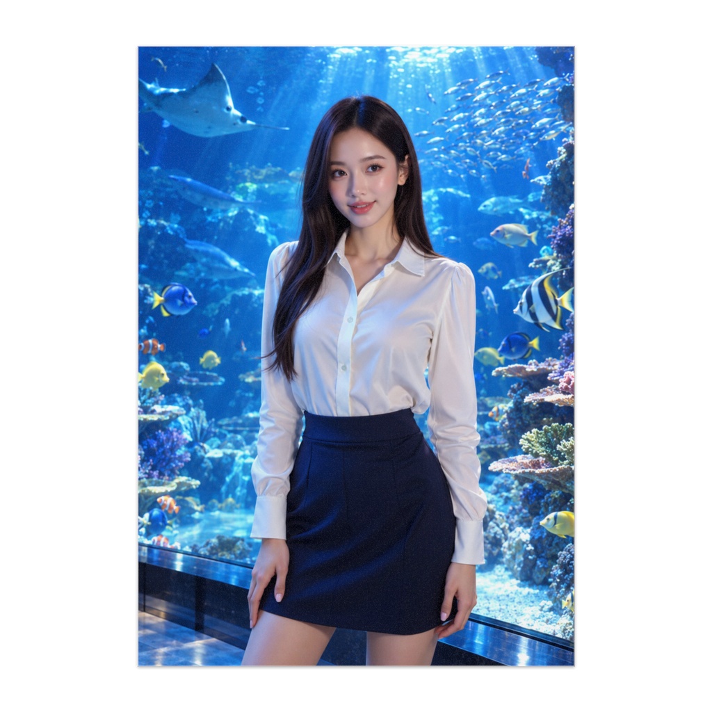 OCEAN SERENITY — 蒼海の微笑 | 幻想的な水族館と美女のファインアートポスター