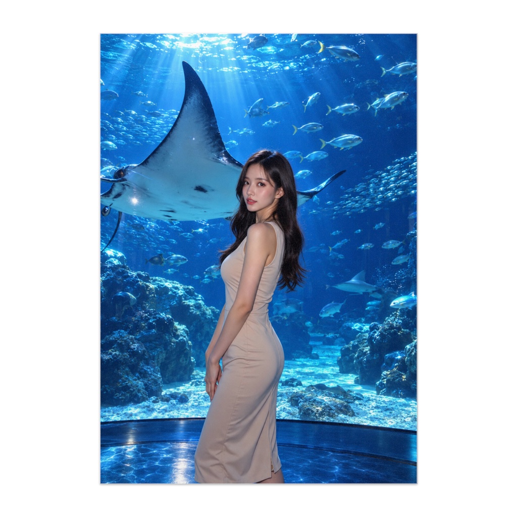 DEEP BLUE ELEGANCE — 深海の麗人 | 巨大マンタと美女の幻想水族館アートポスター