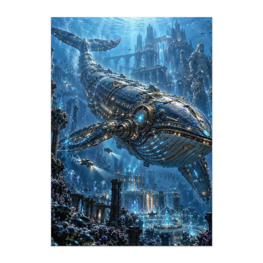 ABYSS LEVIATHAN — 深海に眠る機械の巨獣|巨大機械クジラ 海底文明 SFファンタジーアートポスター