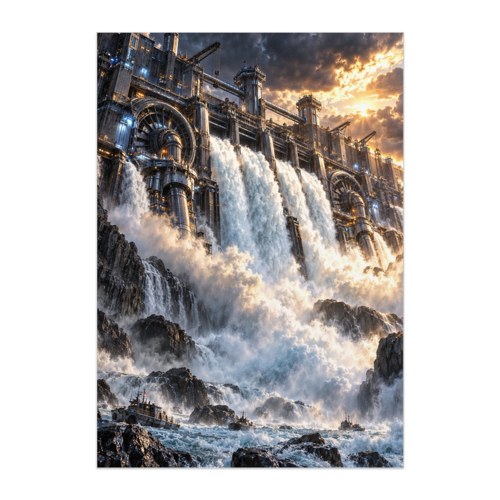 MEGA FALLS — 天地を裂く機械大瀑布|超巨大未来ダム・SF建築アートポスター